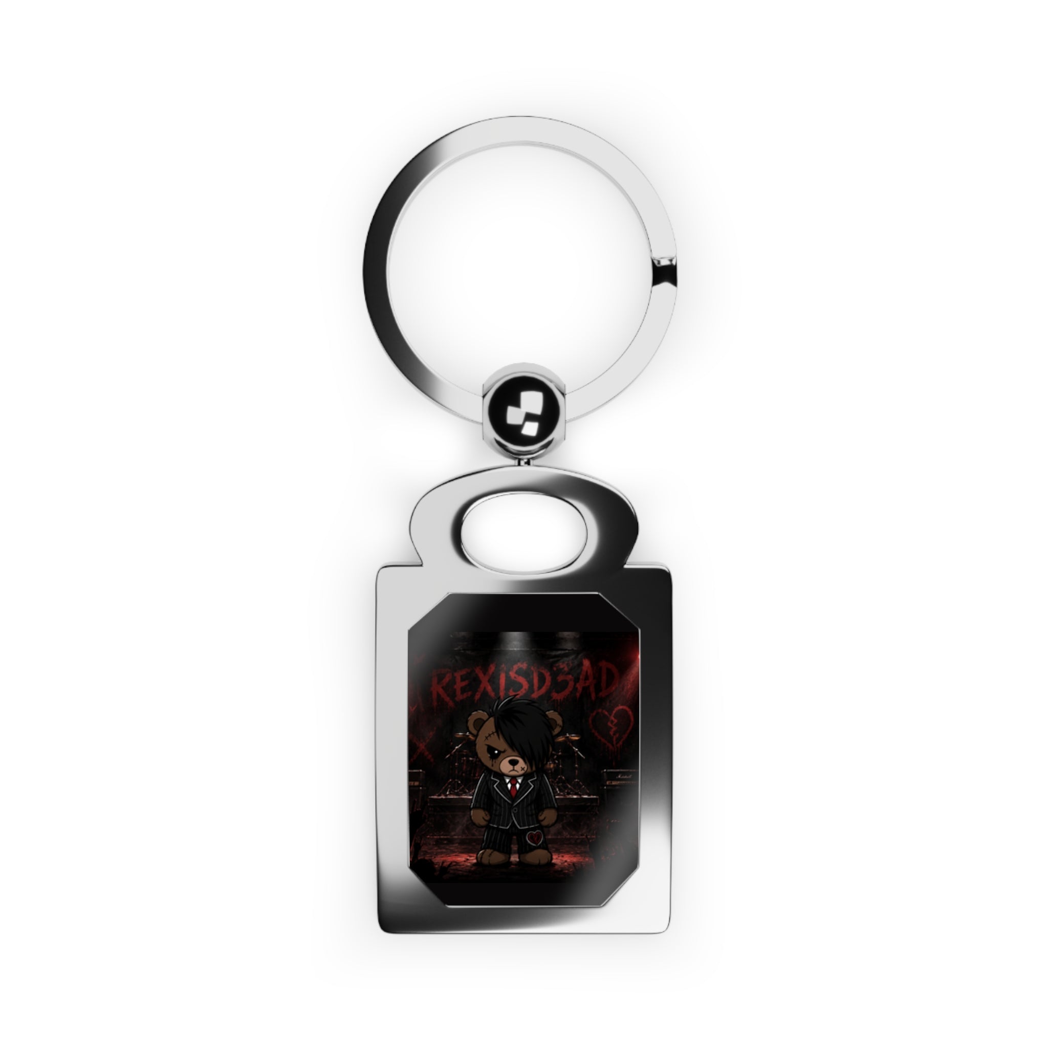 Creepy Teddy 'He Kexisdad' Rectangle Photo Keyring — Gothic Horror Metal Keychain
