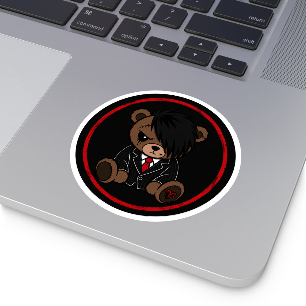 Emo Teddy Bear Round Sticker — Cute Goth Laptop Decal (Indoor/Outdoor)