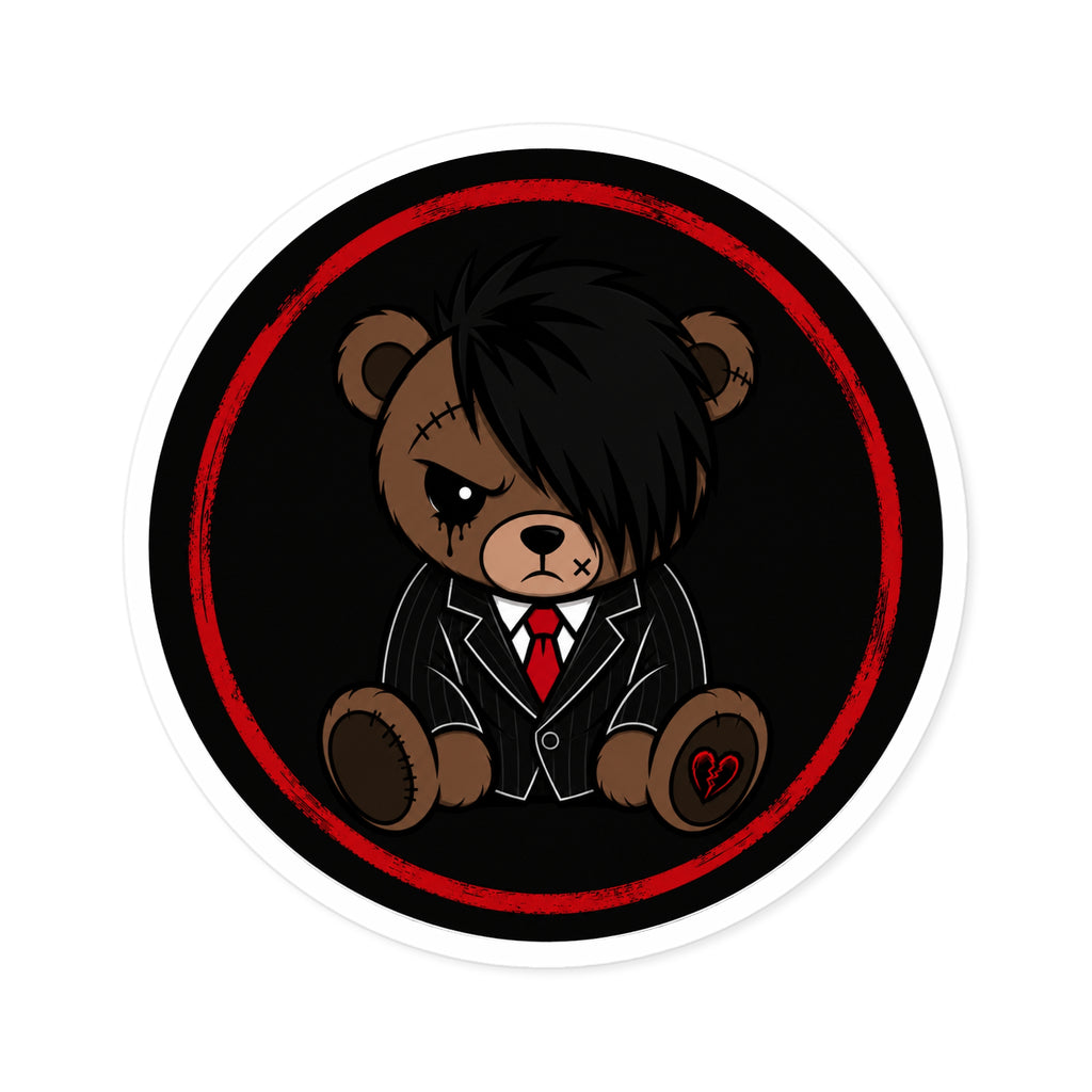 Emo Teddy Bear Round Sticker — Cute Goth Laptop Decal (Indoor/Outdoor)