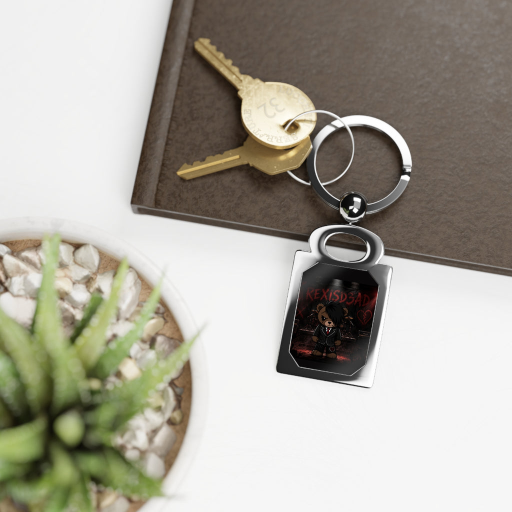 Creepy Teddy 'He Kexisdad' Rectangle Photo Keyring — Gothic Horror Metal Keychain